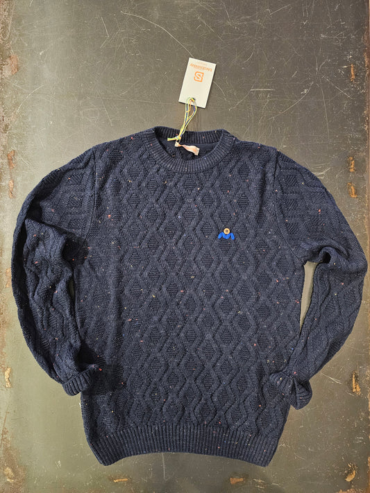 MAGLIA BLU PUNTINATA CON BOTTONE IN LEGNO