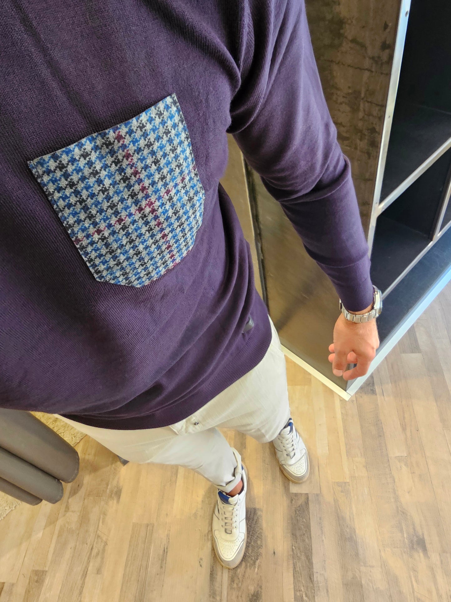 MAGLIA BLU TASCA PIED DE POULE